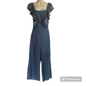 San Joy striped chambray floral jumpsuit L NWT